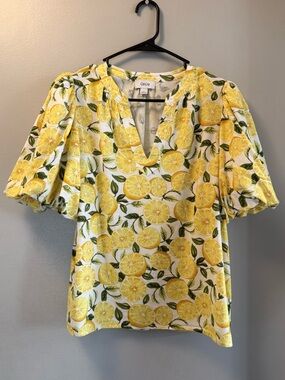 CeCe Lemon-Print Split-Neck Puff-Sleeve Linen-blend Blouse